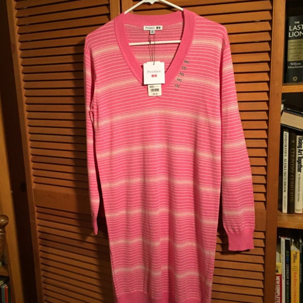 Uniqlo Linen Blend Striped V-neck Long Sleeve Dress Pink Size XXS